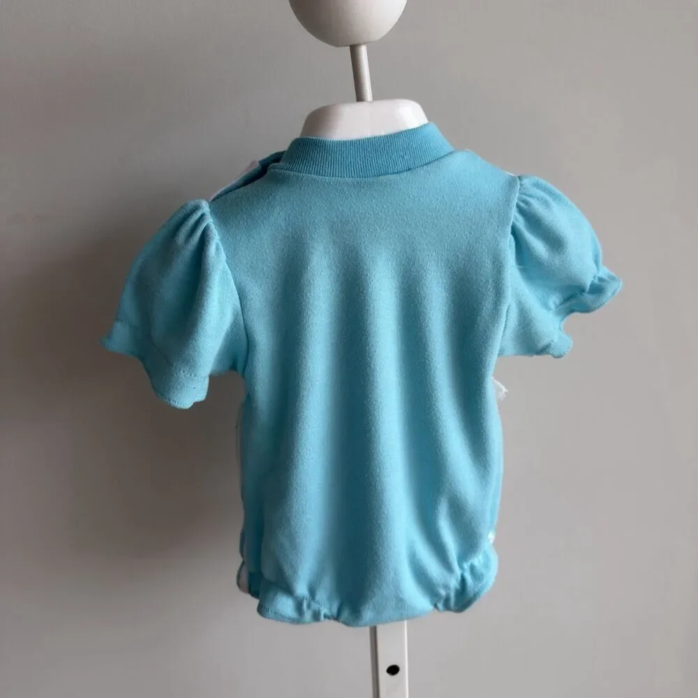 Vintage 80’s Blue & White Baby Romper 3-6 Mos One Piece Teddy Bear Balloon READ